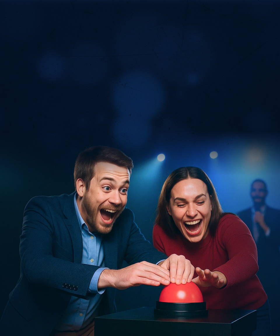Two people, one male and one female, playing a game show. They are excited and pressing a red buzzer