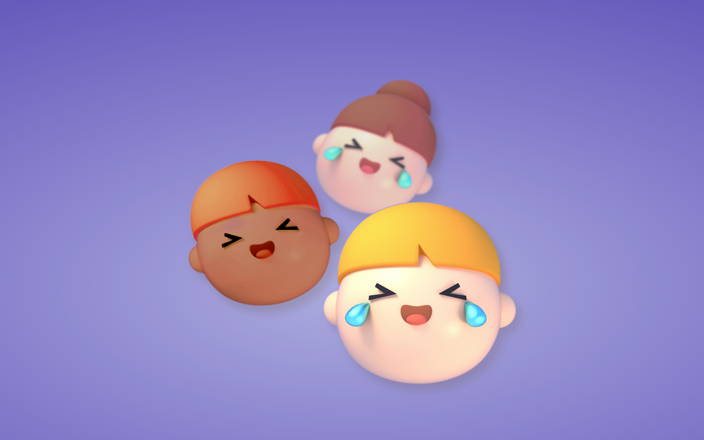 Three 3D cartoon faces laughing for Confetti's Virtual Laughter Yoga Online
