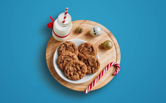 Chocolate chip cookies, milk, and candy cane for Santa (preview)