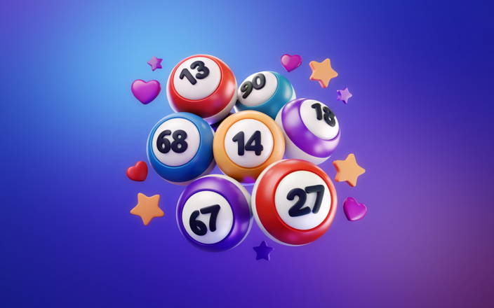 Cluster of numbered bingo balls, with stars around them, on a purple background