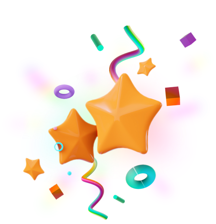 Gold stars with ribbons and confetti