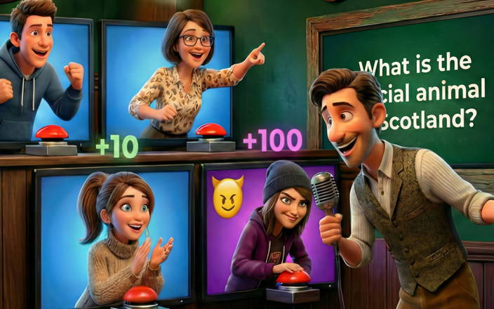 A group of 8 plays a trivia game where one person is a "traitor."