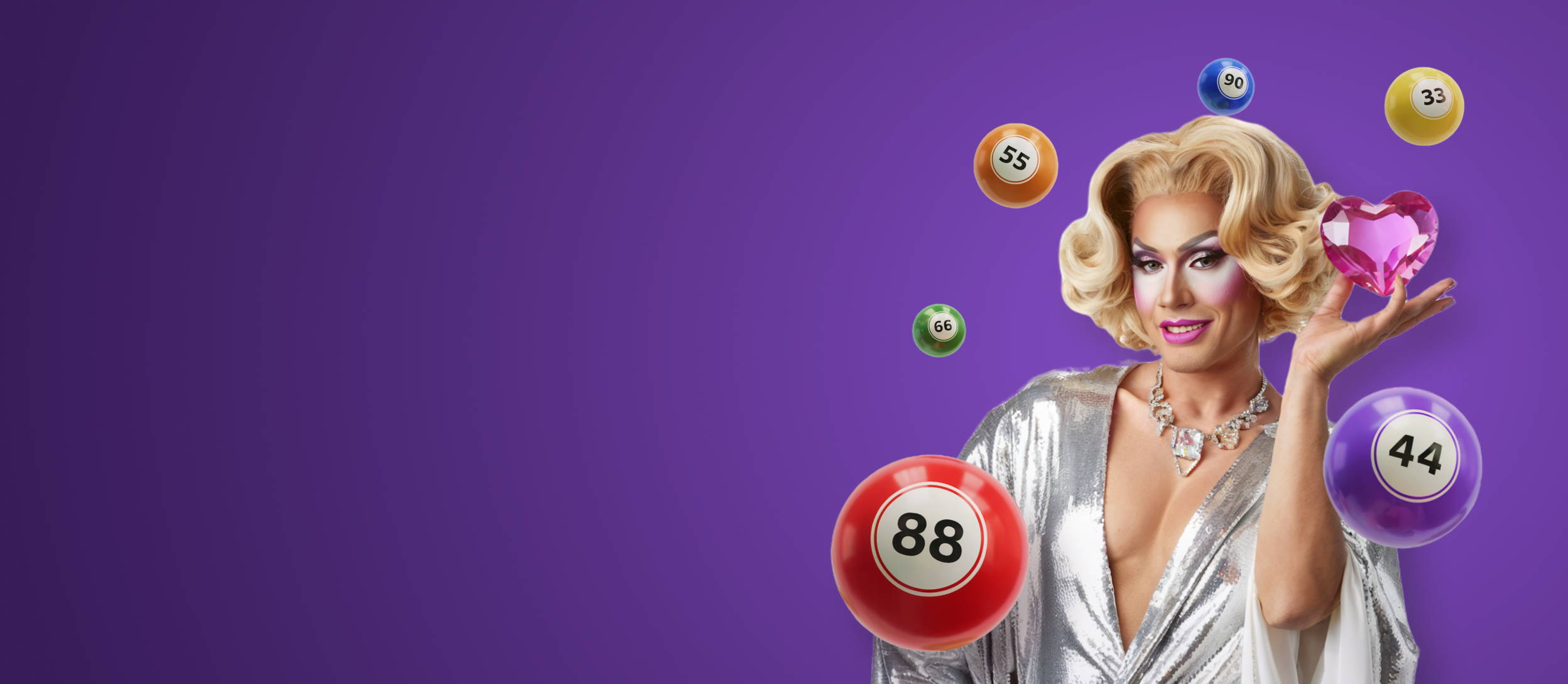 Drag queen in silver gown holding pink crystal heart with bingo balls (large)