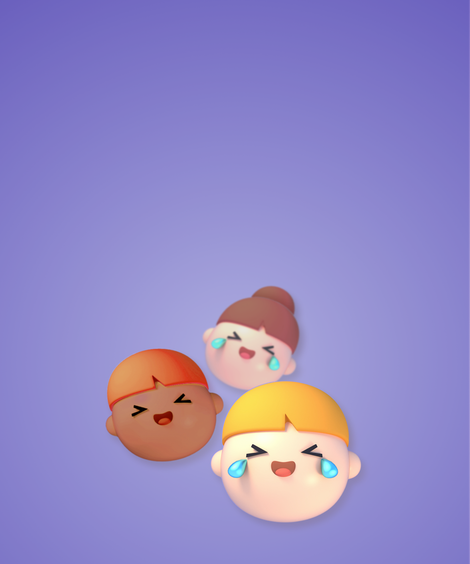 Three 3D cartoon faces laughing for Confetti's Virtual Laughter Yoga