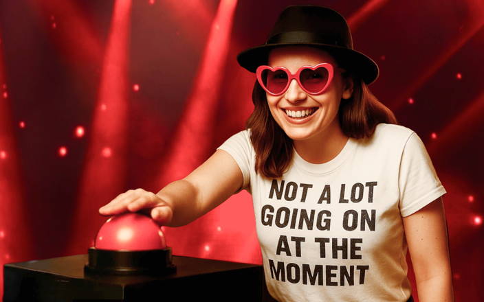 Woman with a swifty shirt, heart-shaped sunglasses & a black hat, with her hand hovering over a red buzzer 