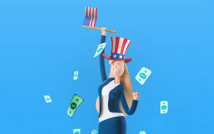 Money falling around a businesswoman wearing a patriotic hat waving an American flag for Confetti's American Jeopardy (Preview)