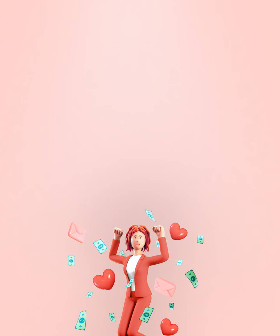 Money, hearts, and love letters surrounding a dancing businesswoman for Confetti's Virtual Valentine's Day Jeopardy