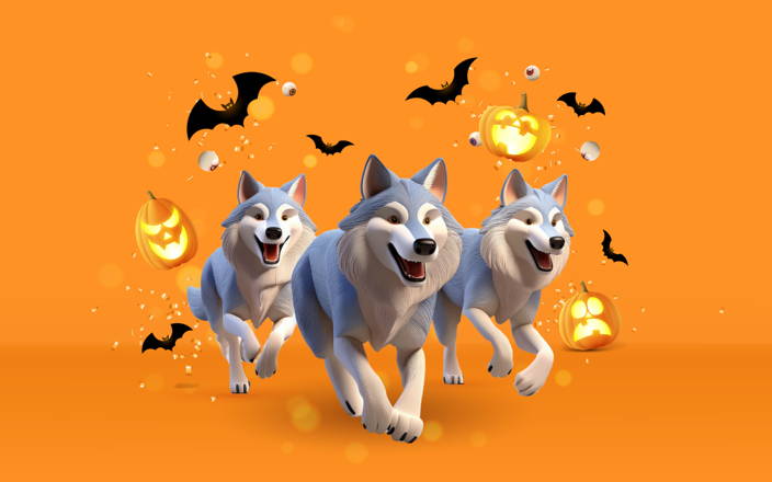 Pack of wolves running with flying bats and pumpkins (preview)