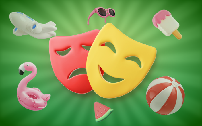Comedy and tragedy masks with popsicle, plane, watermelon, inflatable ball, floaties, and sunglasses (preview)