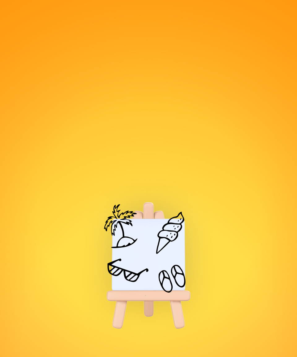 Drawing of palm tree, ice cream, sunglasses, and slippers on easel (small)