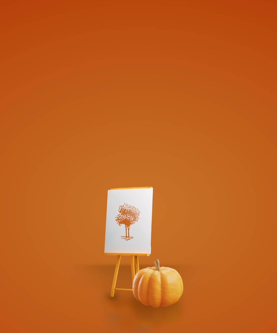 An easel with a drawing of a tree next to a big pumpkin for Confetti's Virtual Fall Pictionary