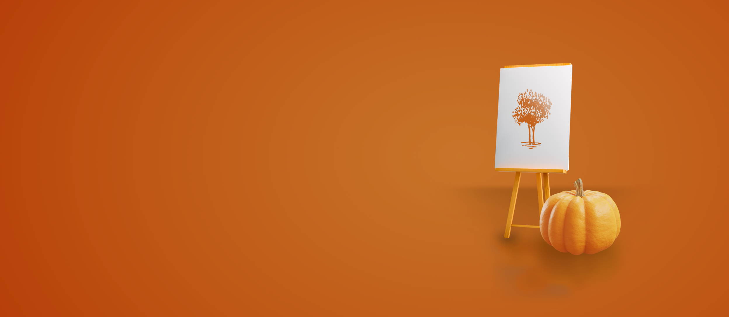 An easel with a drawing of a tree next to a big pumpkin for Confetti's Virtual Fall Games for Adults
