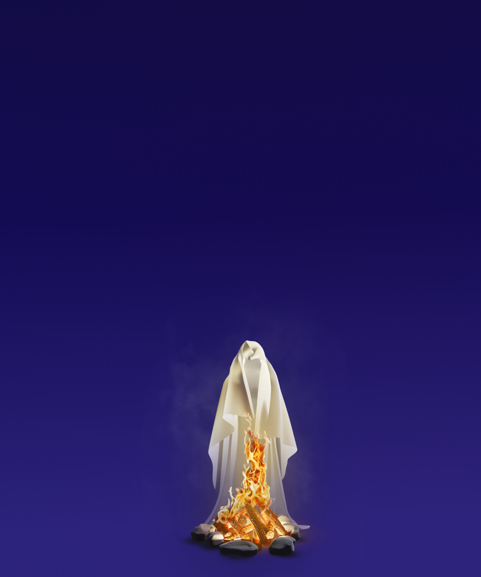 A spooky floating sheet ghost above a roaring campfire for Confetti's Virtual Scary Ghost Stories