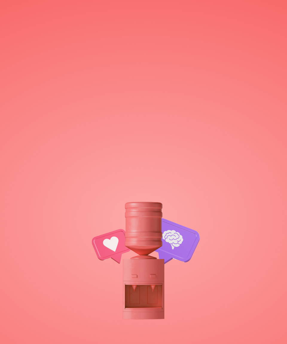 A pink water cooler in front of speech bubbles with a heart and a brain inside for Confetti's Virtual Empathy Water Cooler 