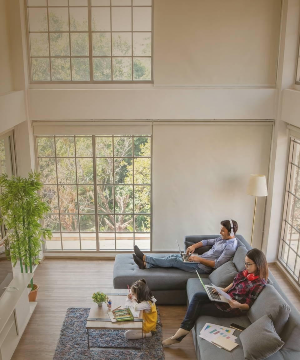 A mom & dad working from their couch in their home, while their kid colours on the floor