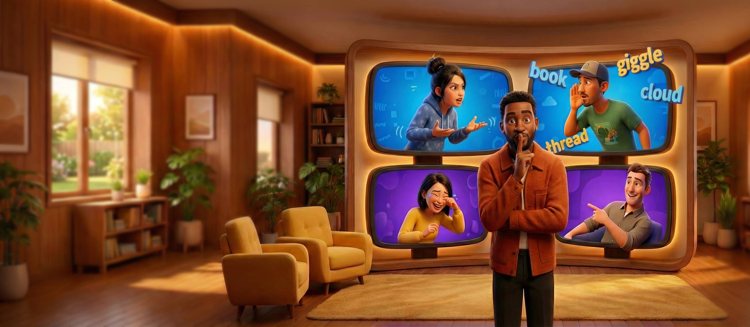 Four people are playing a guessing game while a host stands by and watches.