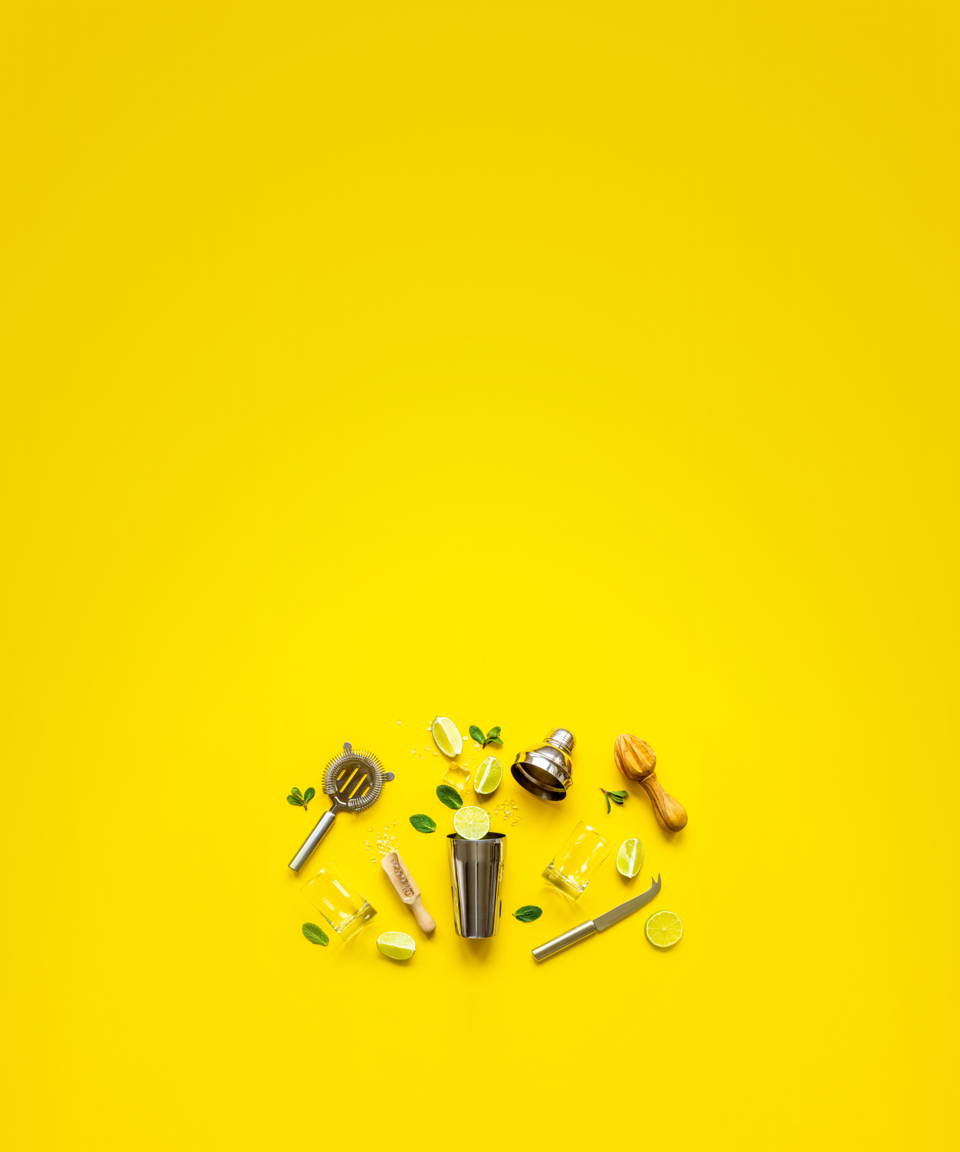 Supplies for a Virtual Mixology Class with Kits, including bar tools, cocktail ingredients, and glass (small)