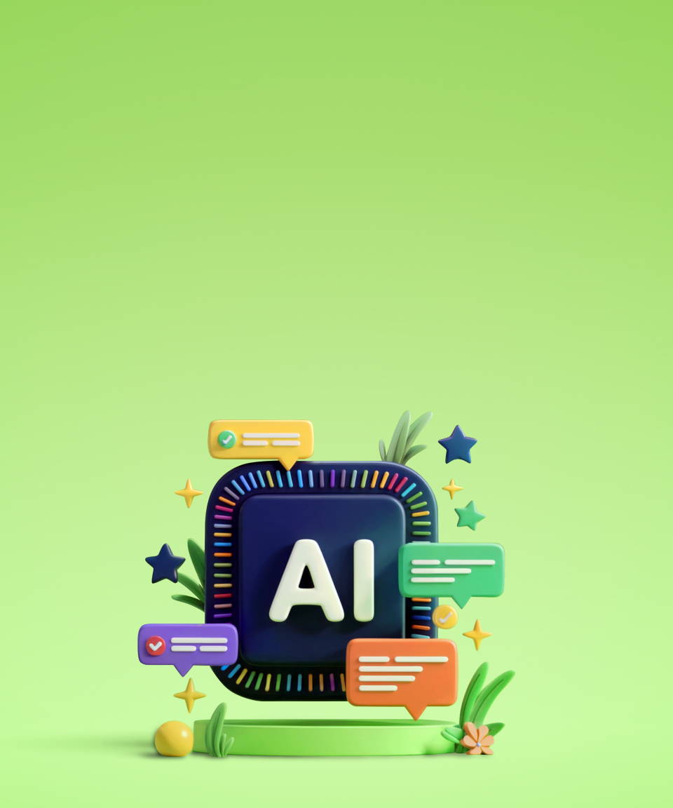 AI block with chat bubbles and sprouting grass (small)