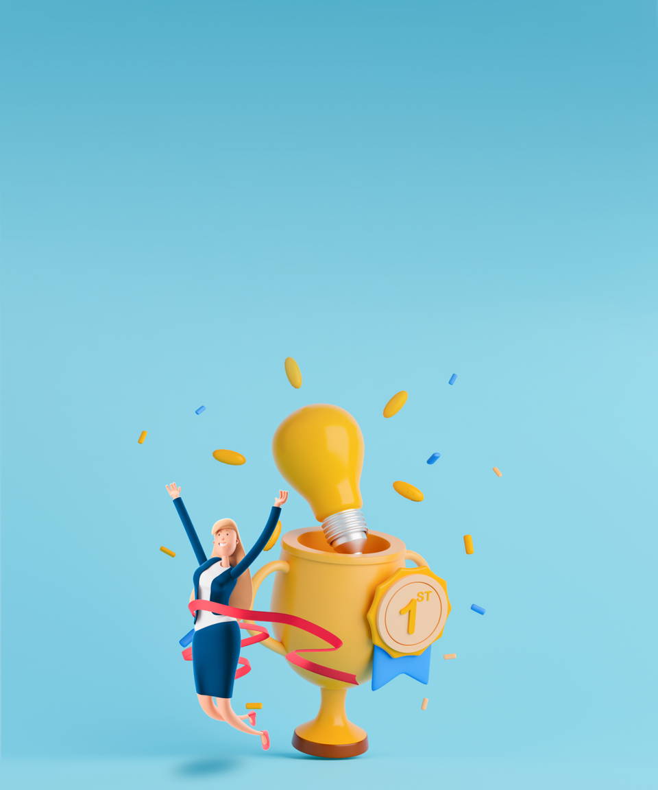 A woman celebrating in front of a yellow lightbulb in a winners trophy with a winners ribbon surrounded by confetti (small)