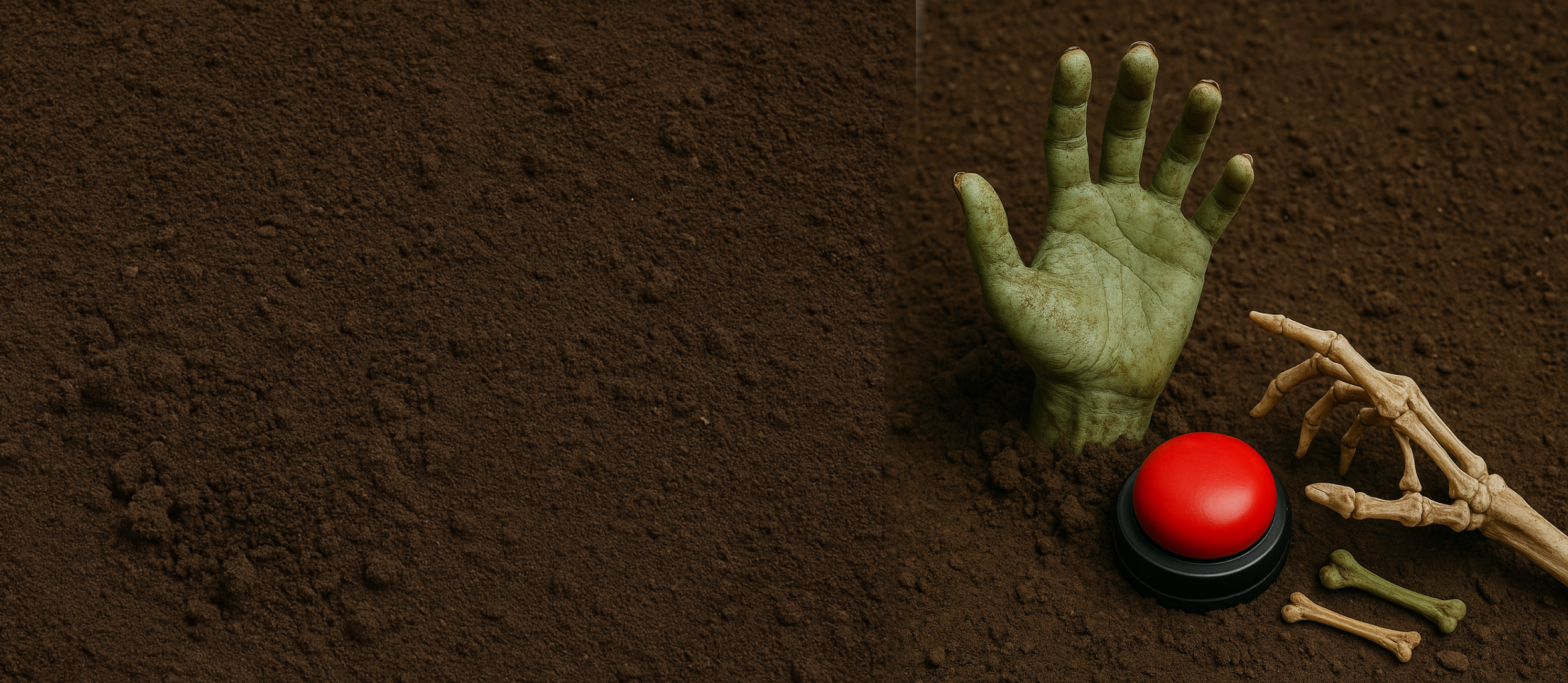 Frankenstein hand and skeleton hand reaching out to a red buzzer