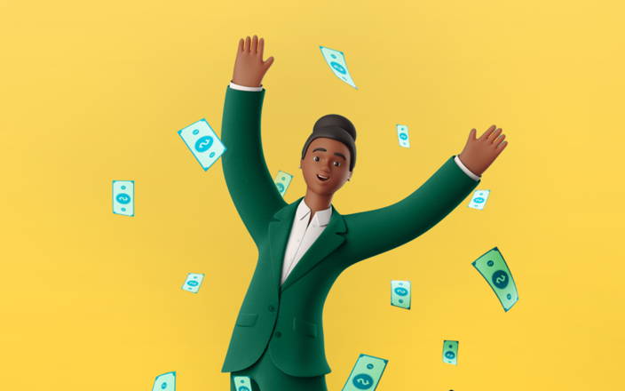 Black employee jumping for joy surrounded by falling money (preview)