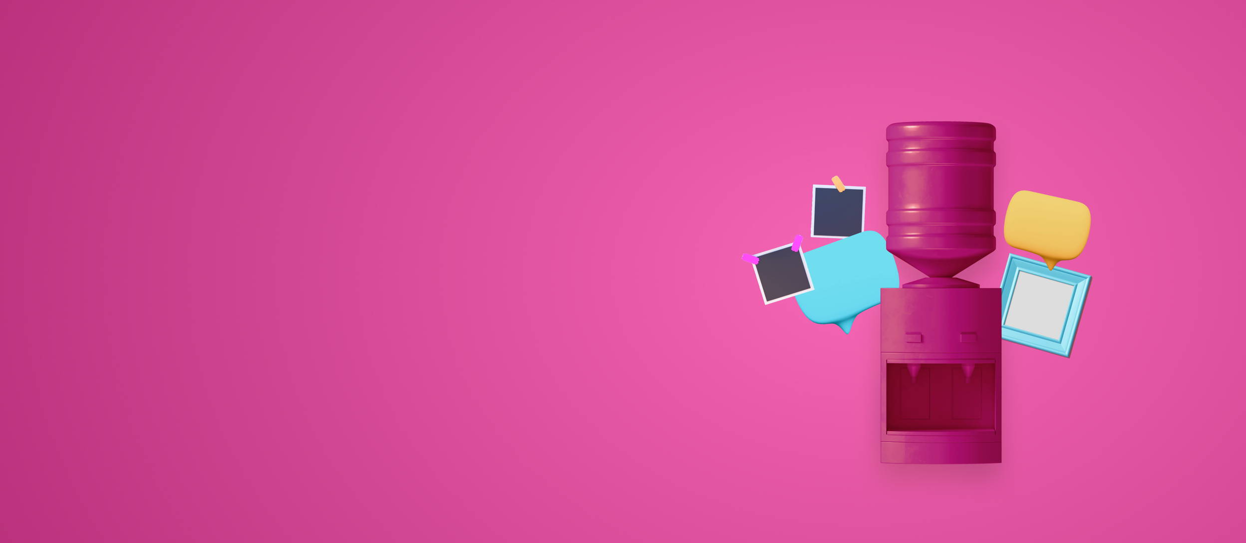 A pink water cooler surrounded by various notes and picture frames for Confetti's Virtual Show and Tell Game