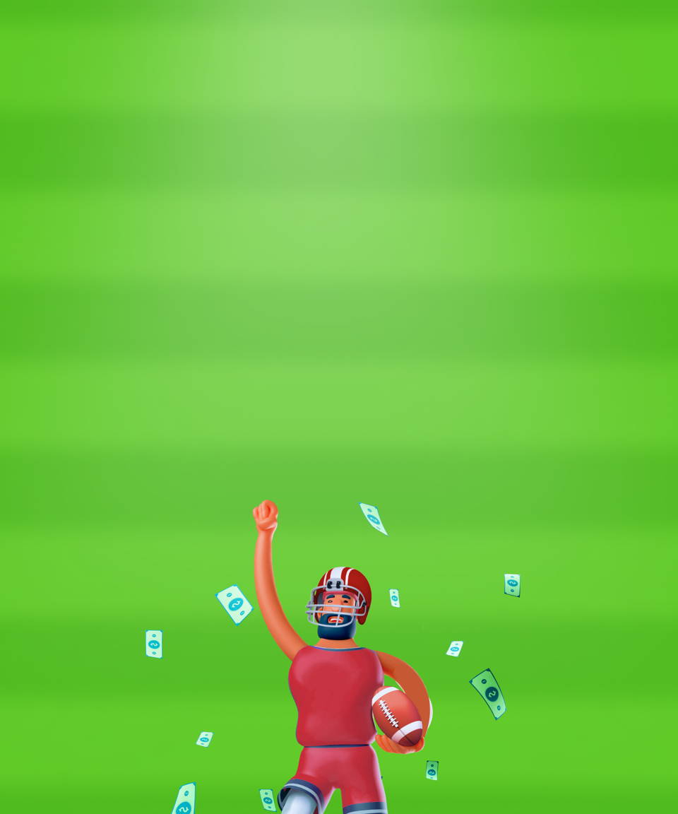 A football player celebrating while money rains down around him for confetti's Virtual NFL Jeoparty