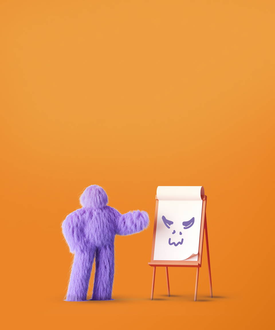 Fluffy purple monster standing in front of an easel and pad (Small)