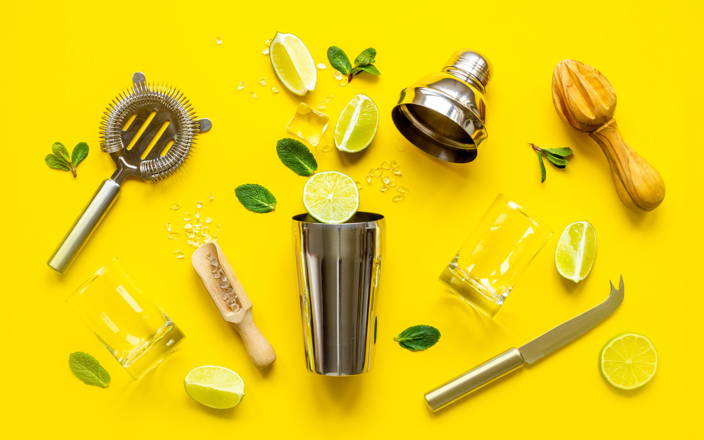 Supplies for a Virtual Mixology Class with Kits, including bar tools, cocktail ingredients, and glass (preview)