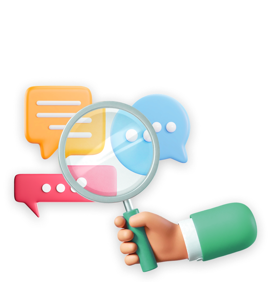 Hand holding a magnifying glass against speech bubbles for Communication Team Building Activities