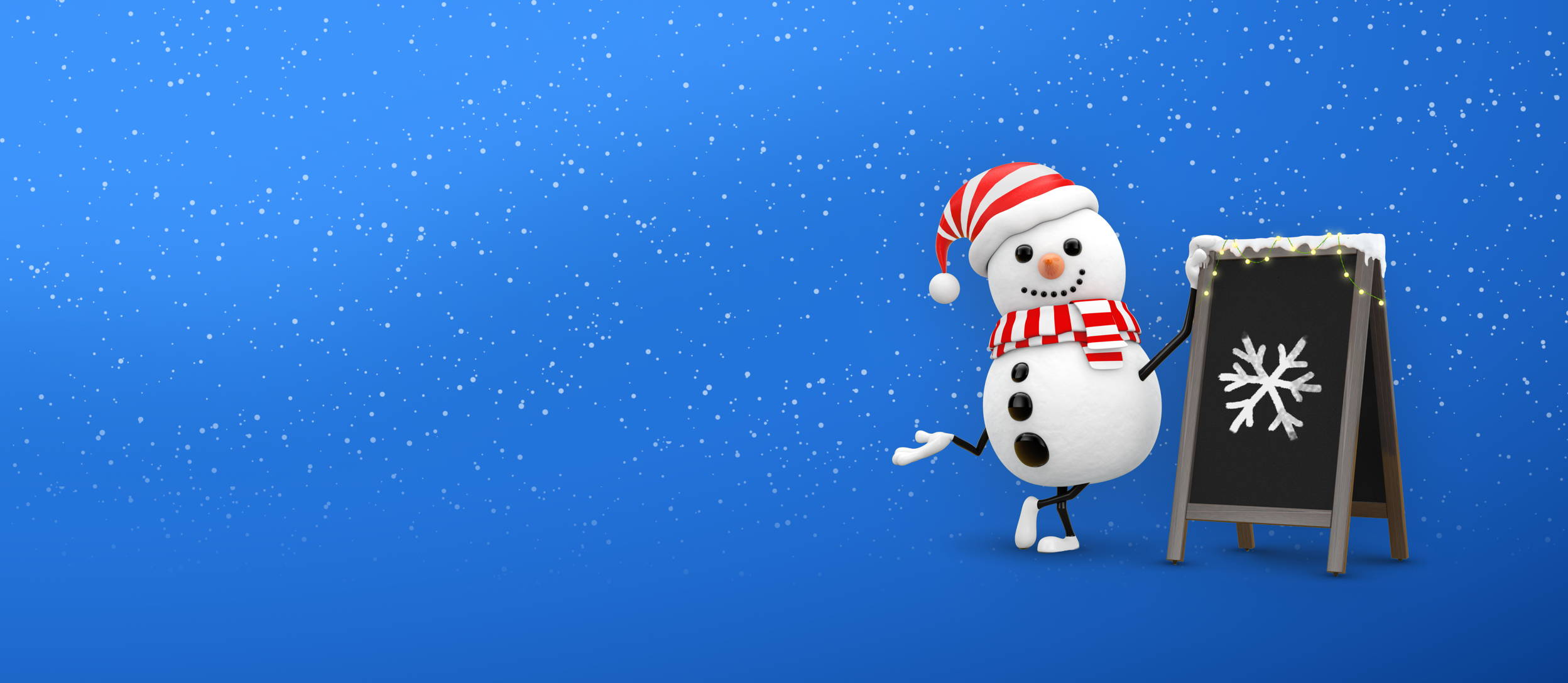 A snowman next to a chalkboard with a snowflake drawn on it for Confetti's Virtual Holiday Pictionary