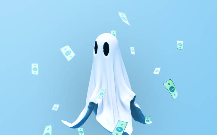 A sheet ghost surrounded by falling money for Confetti's Virtual Halloween Jeopardy