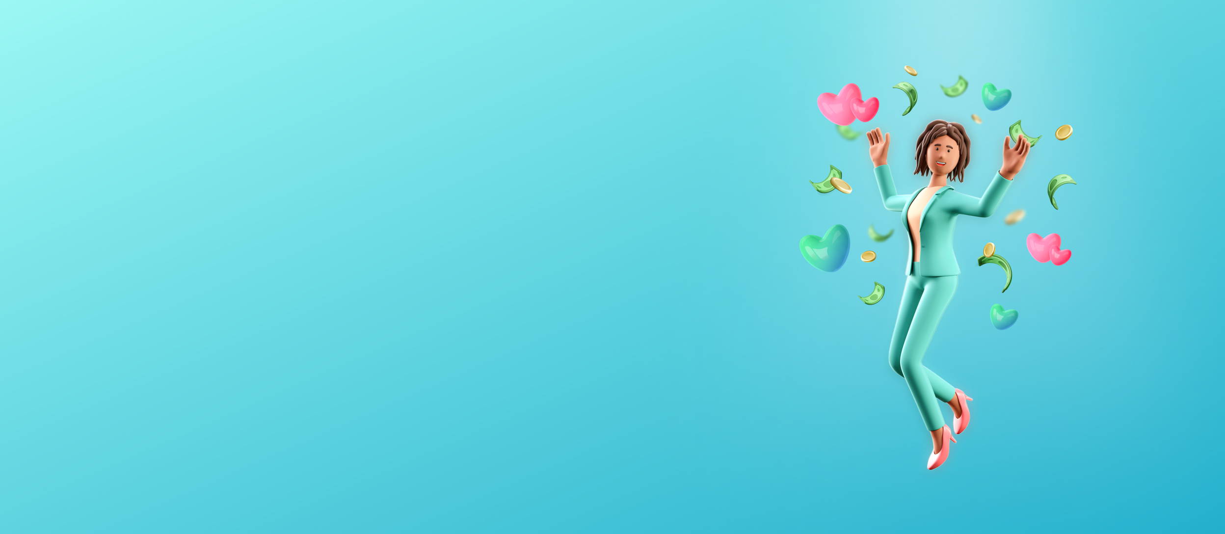 Corporate woman jumping up with hearts and dollar bills (large)