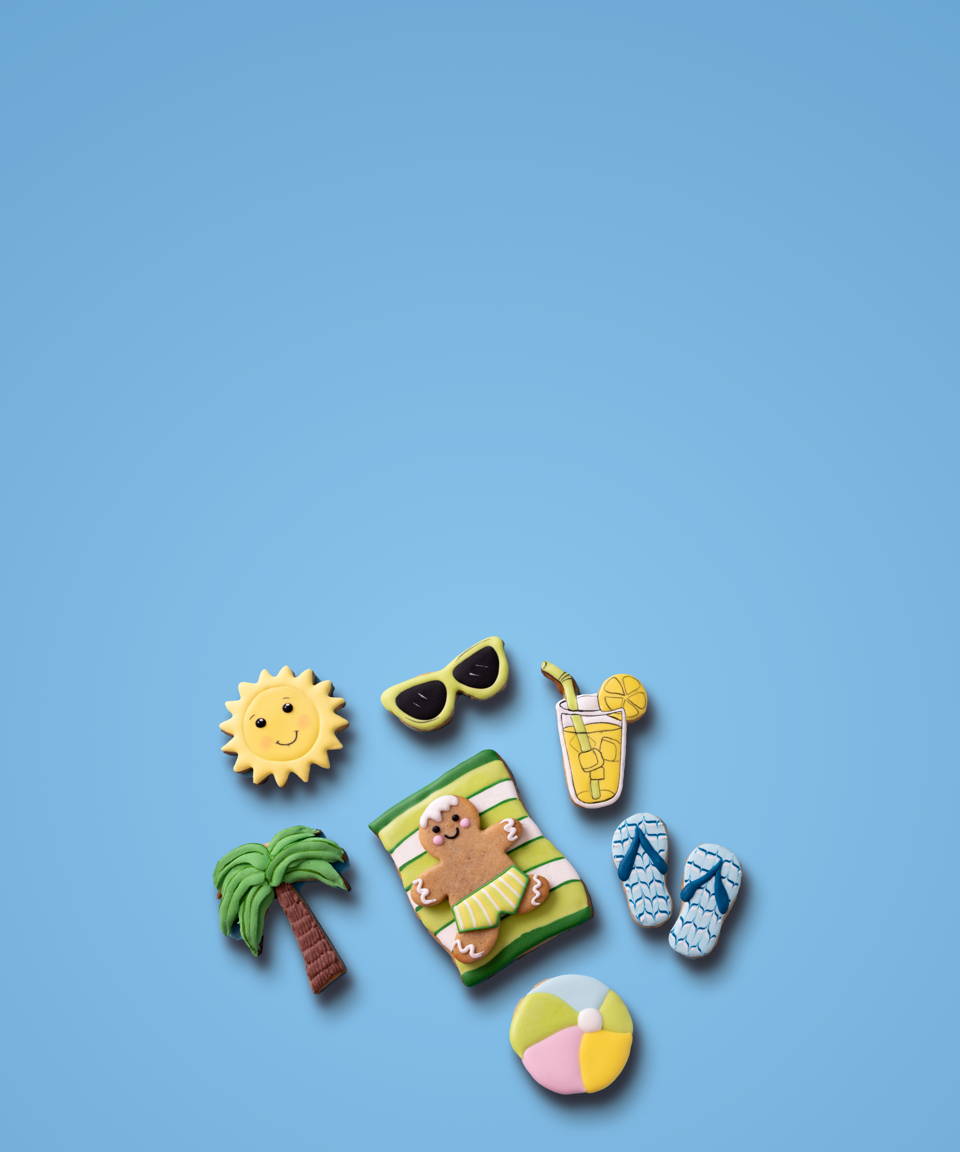 Cookies in summer shapes like flip flops, beach balls, sunglasses, the sun, and more for Confetti's Summer Cookie Decorating (Small)
