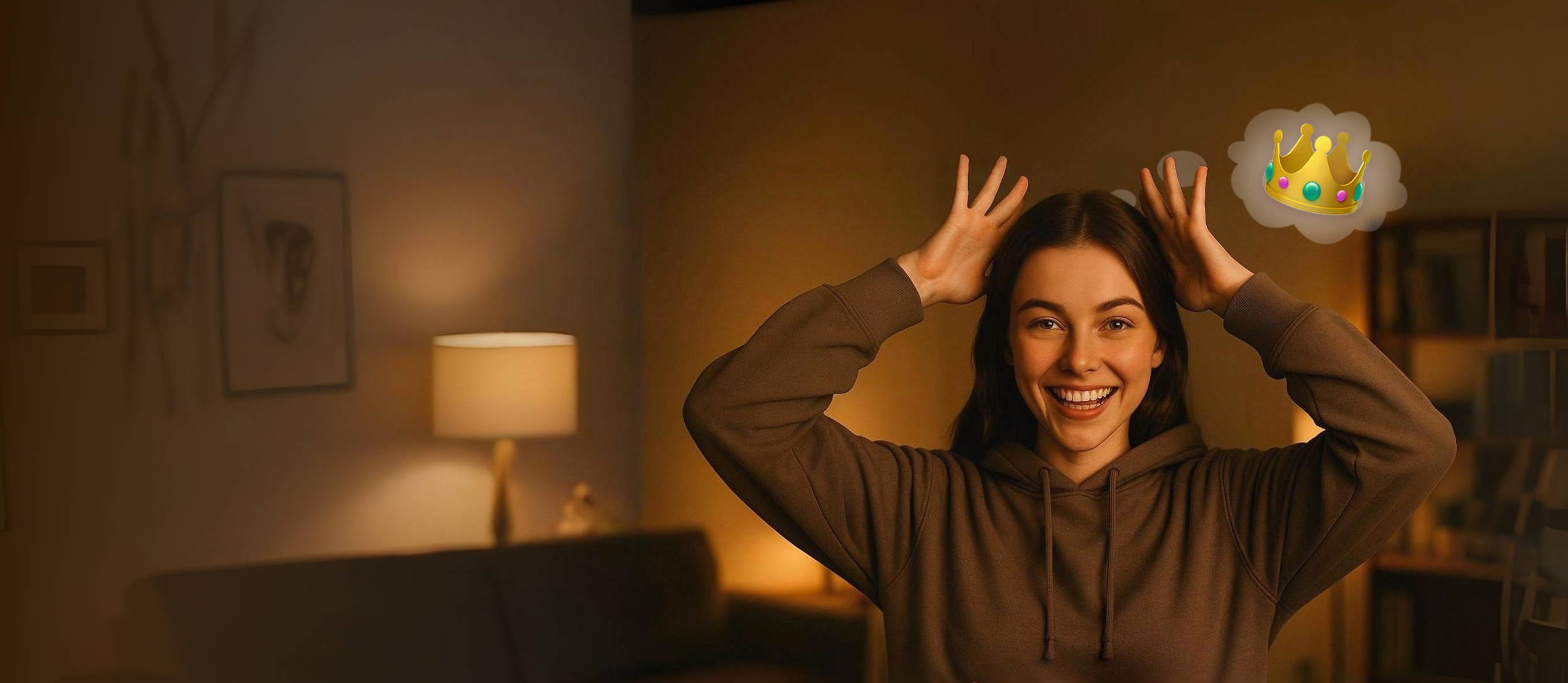 Lady Acting out emoji charades. She is acting out a crown on the top of her head with the crown emoji as a thought bubble