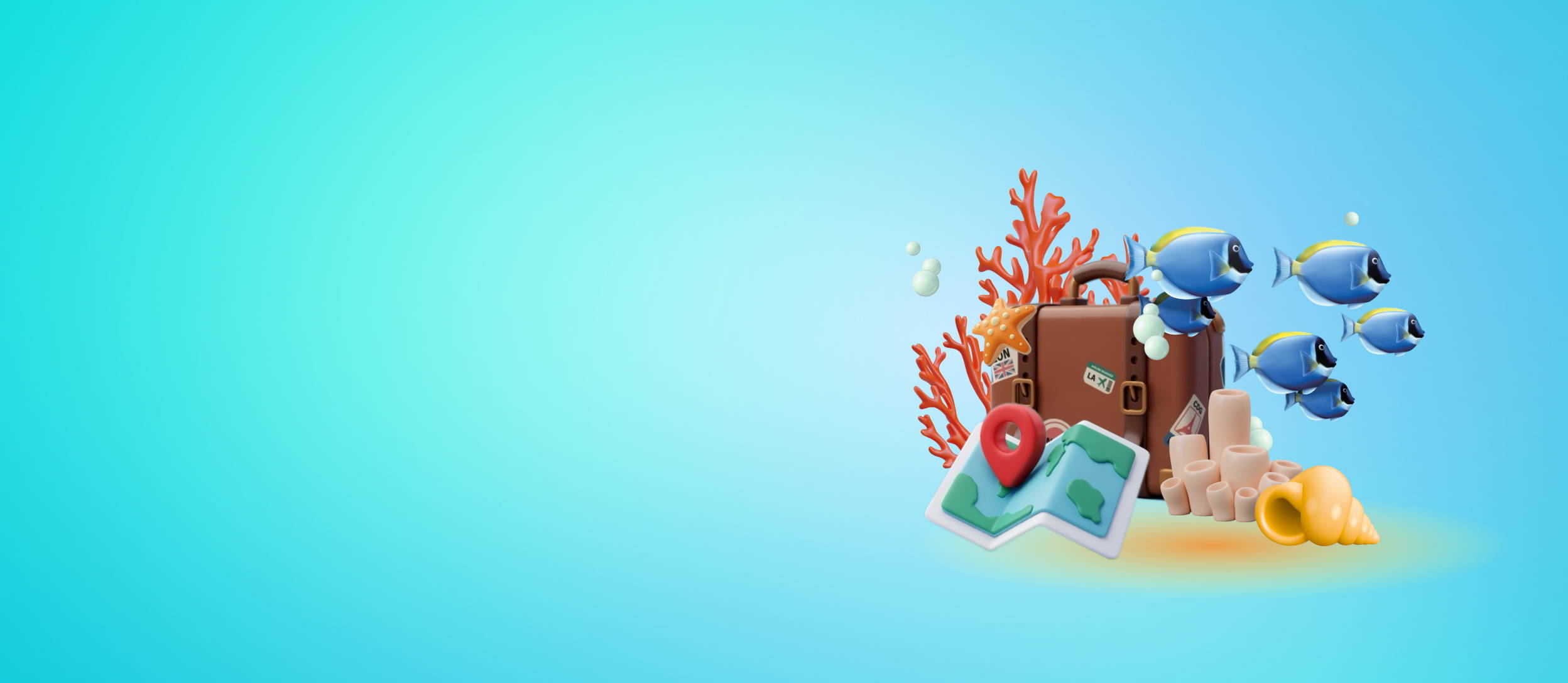 Underwater scene: coral, fish, & shells, but also with a suitcase & a map, all on a blue background. 