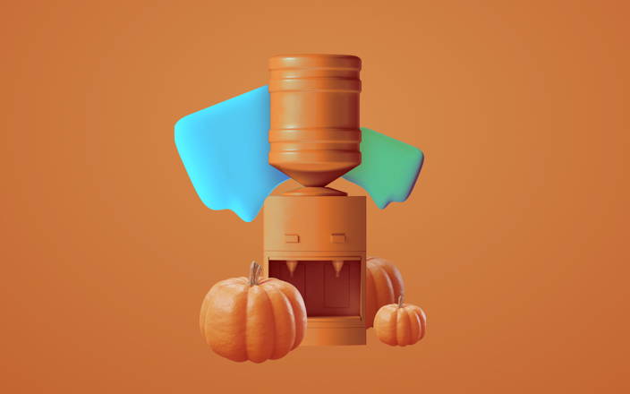 An orange water cooler surrounded by pumpkins and big speech bubbles for Confetti's Virtual Fall Icebreaker Questions