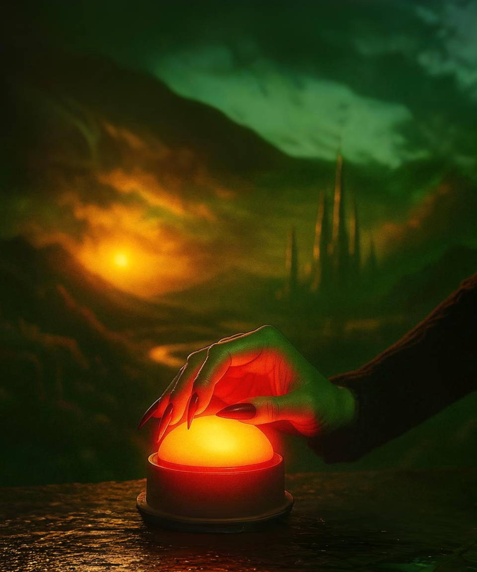 Elphaba's hand hovering over a glowing red buzzer, with mountains & a castle in the background