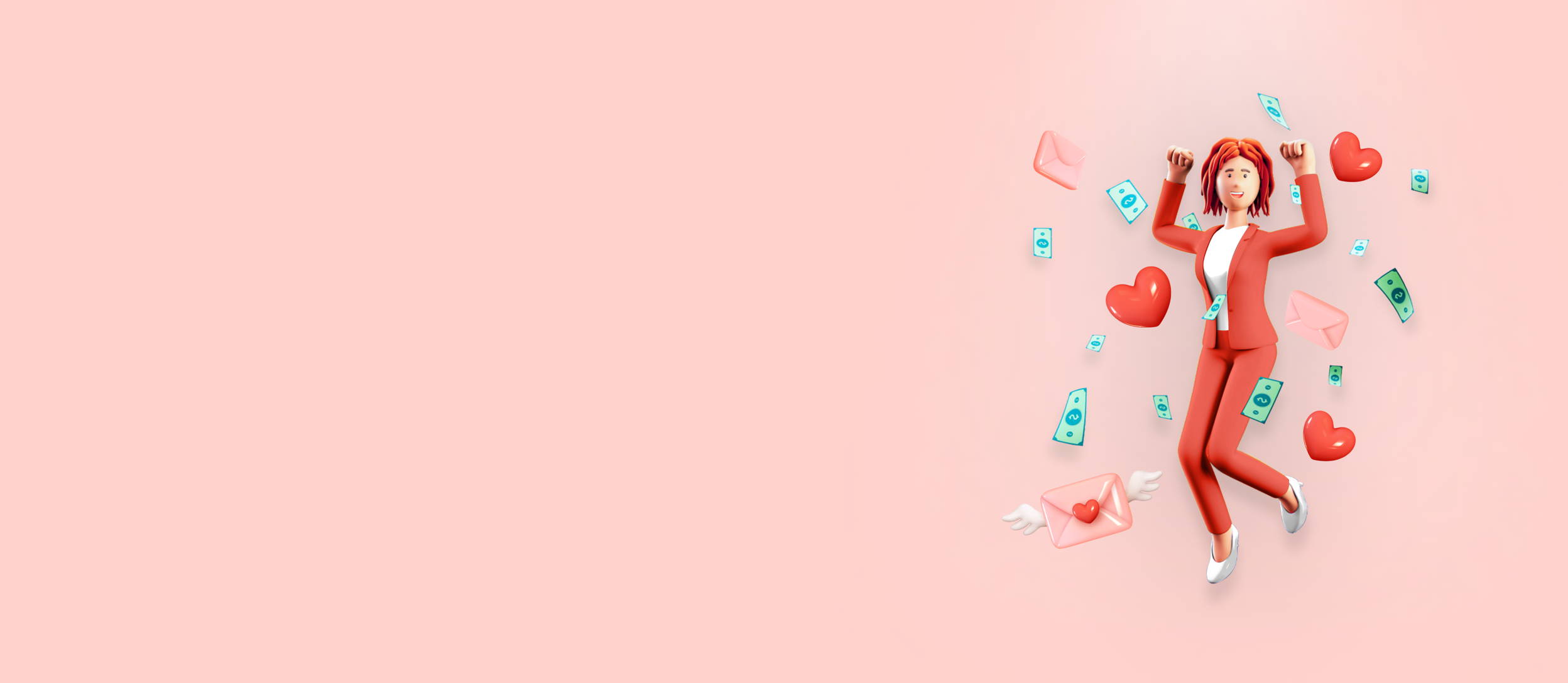 Money, hearts, and love letters surrounding a dancing businesswoman for Confetti's Virtual Valentine's Jeopardy