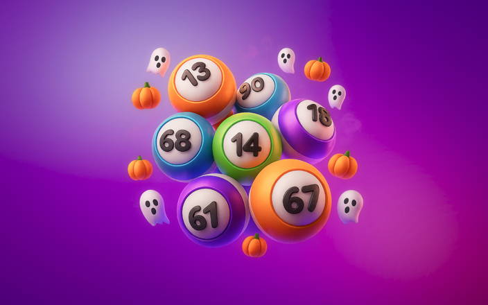 Multiple bingo balls with different numbers, surrounded by floating ghosts and pumpkins