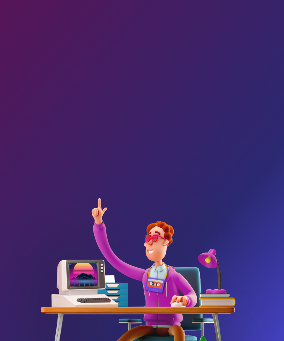An employee wearing 80's themed hoodie and glasses next to a retro computer for Confetti's Virtual Excellent 80s Trivia