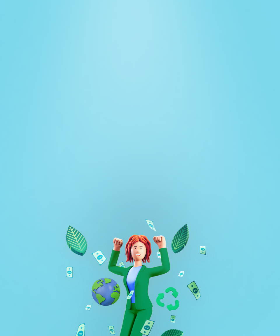 Leaves, money, recycling logos, and the earth around a business woman dancing for Confetti's Earth Day Jeopardy (Small)