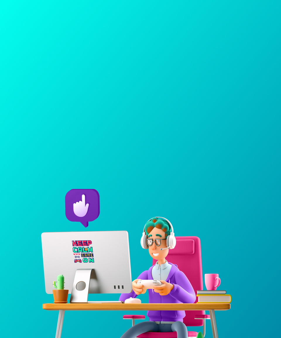 An employee wearing a gaming headset in front of their monitor for Confetti's Virtual Ultimate Gaming Trivia