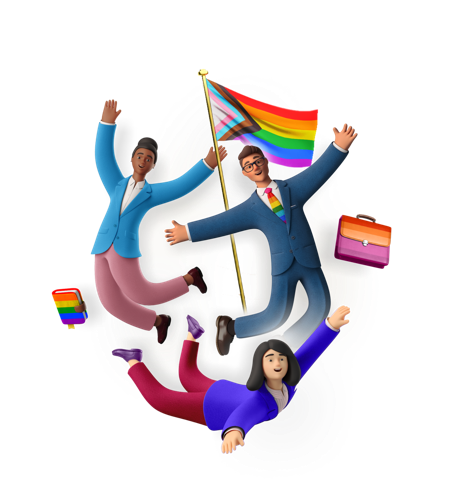 3 people dressed in corporate clothes with a Pride flag