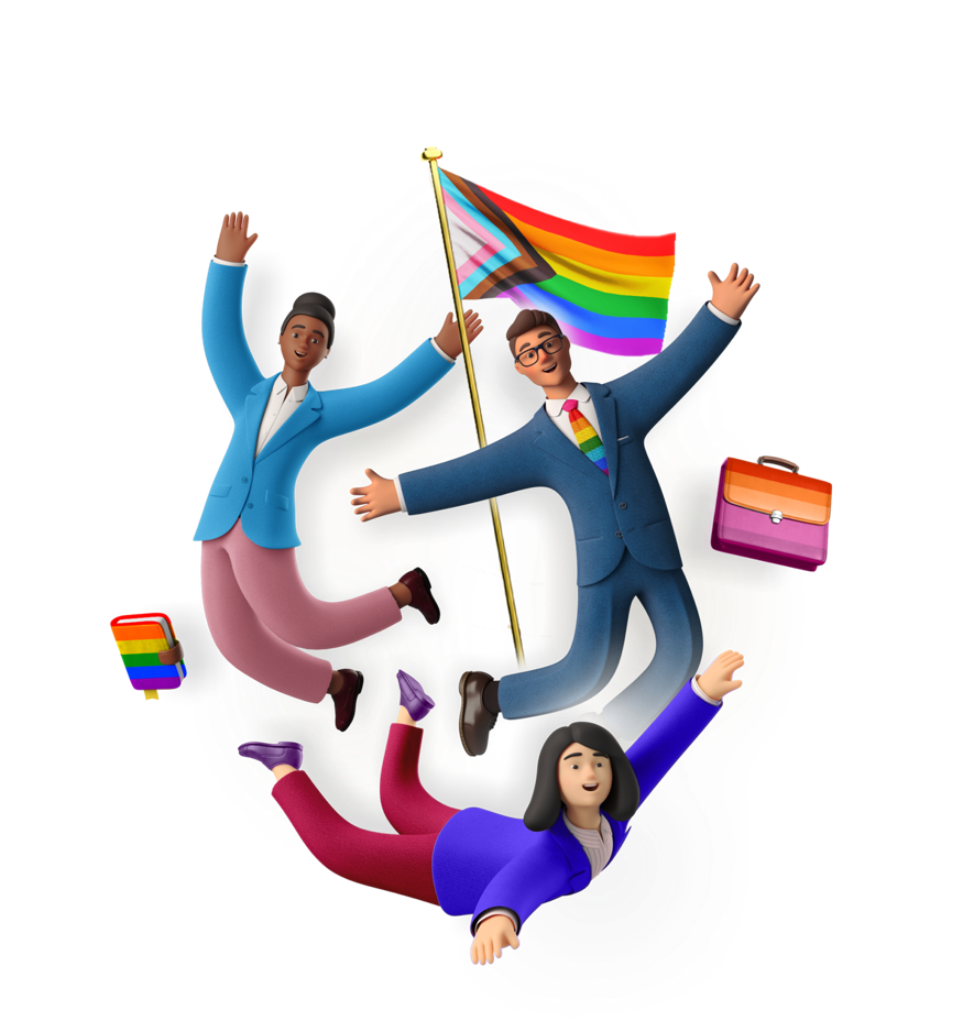 3 people dressed in corporate clothes with a Pride flag