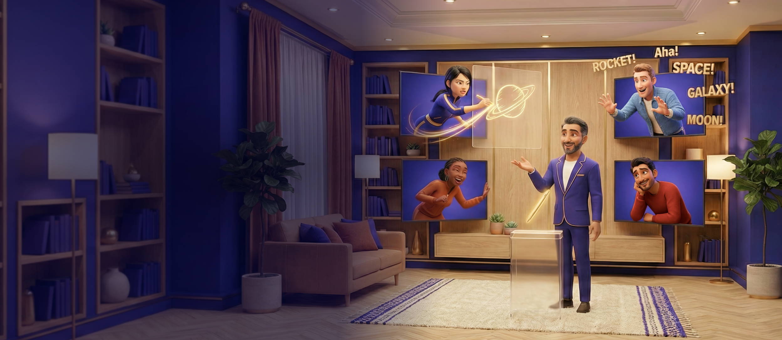 A group of four people are playing a drawing game. One person is drawing a planet while the other players guess. There is a host facilitating the game.