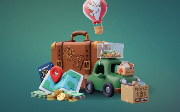A giant suitcase, a map, a small green car, a passport, a hot air balloon, a pile of money, boxes of food & first aid supplies and a money donation bin, all on a blue backdrop.