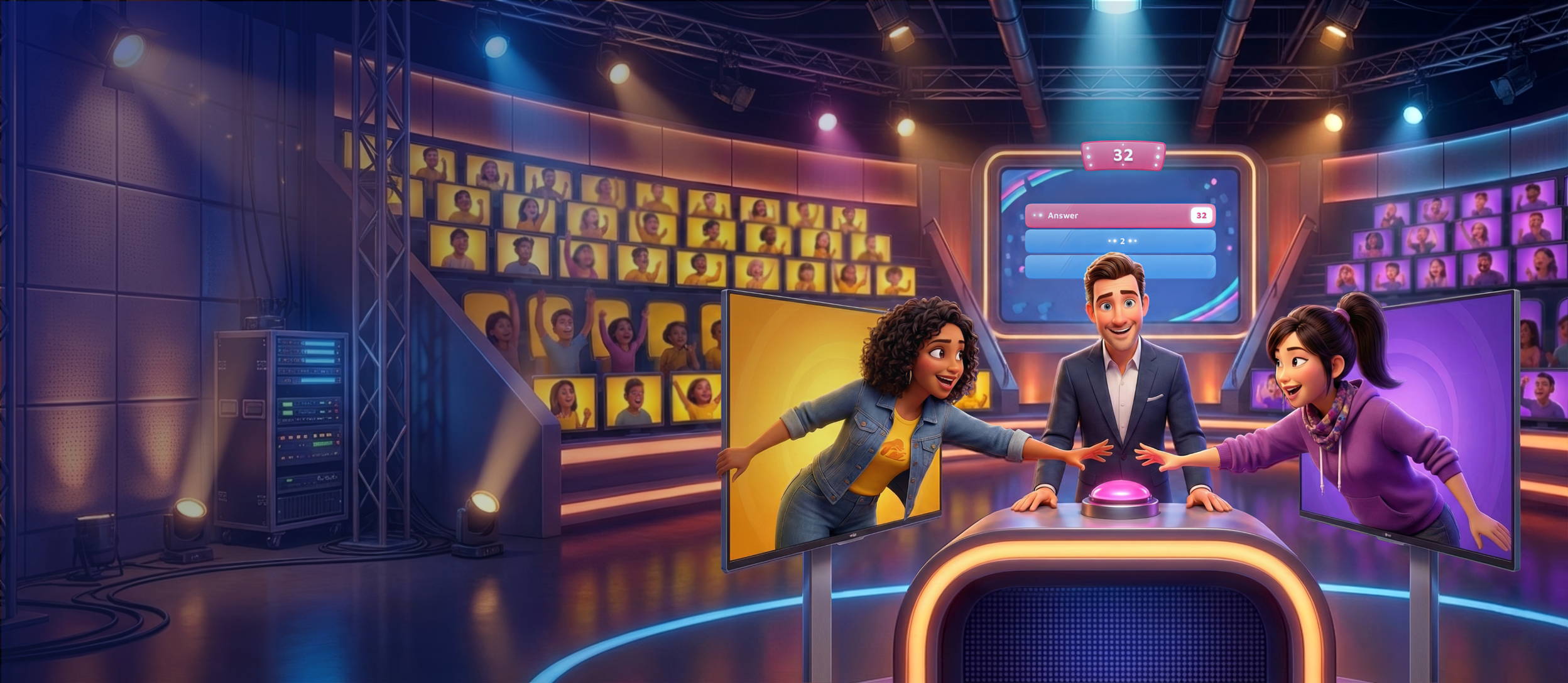 Two women go head-to-head in a Family Feud-style game. The host stands there reading the question.