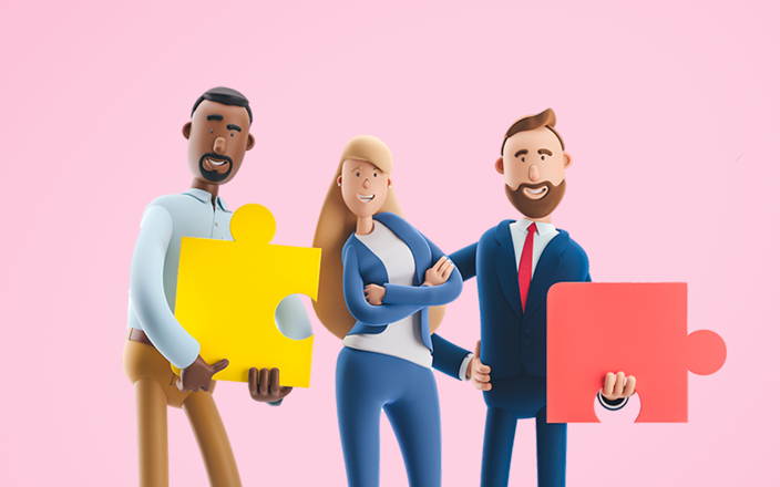 Three employees holding giant interlocking puzzle pieces for Confetti's Virtual Family Feud Custom Game