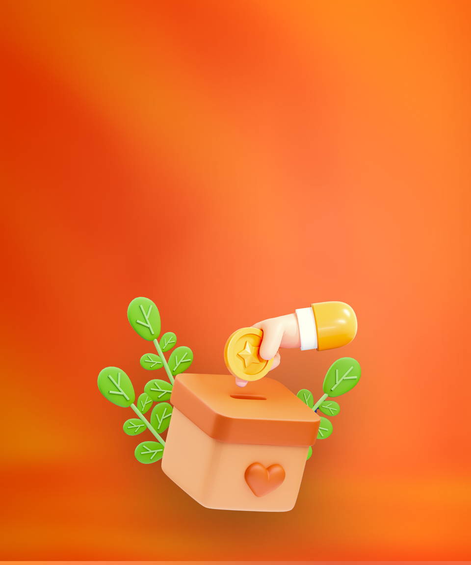 A hand placing a coin into a box with a slot in the lid, a heart on the front, and leaves growing out of the side. With an orange background. 